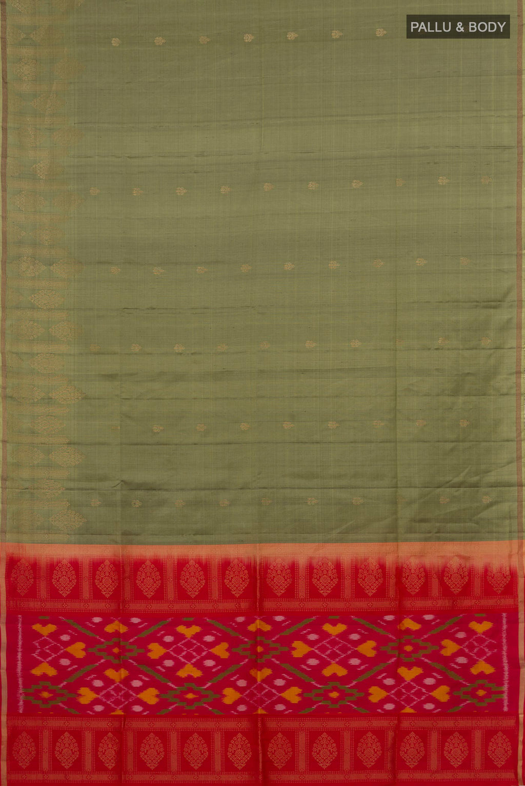 Flat view of Pure Silk Mehandi Green Soft Saree with Zari Butta on the body and Thin Zari Line. 
