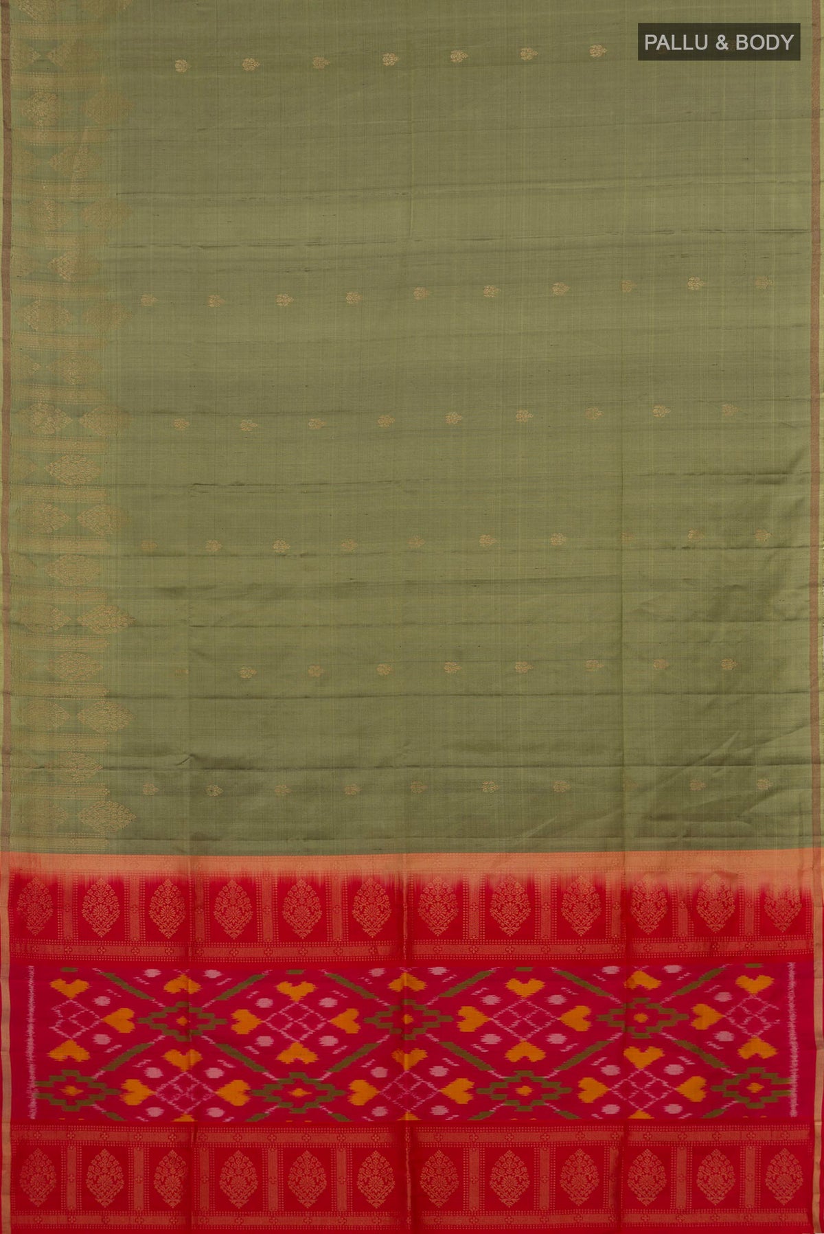 Flat view of Pure Silk Mehandi Green Soft Saree with Zari Butta on the body and Thin Zari Line. 