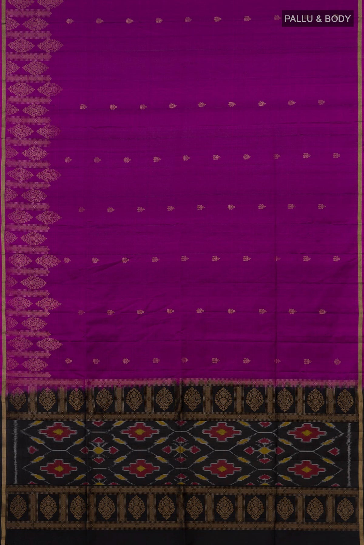 Flat view of Pure Silk Purple Soft Saree with Zari Butta on the body and Thin Zari Line. 