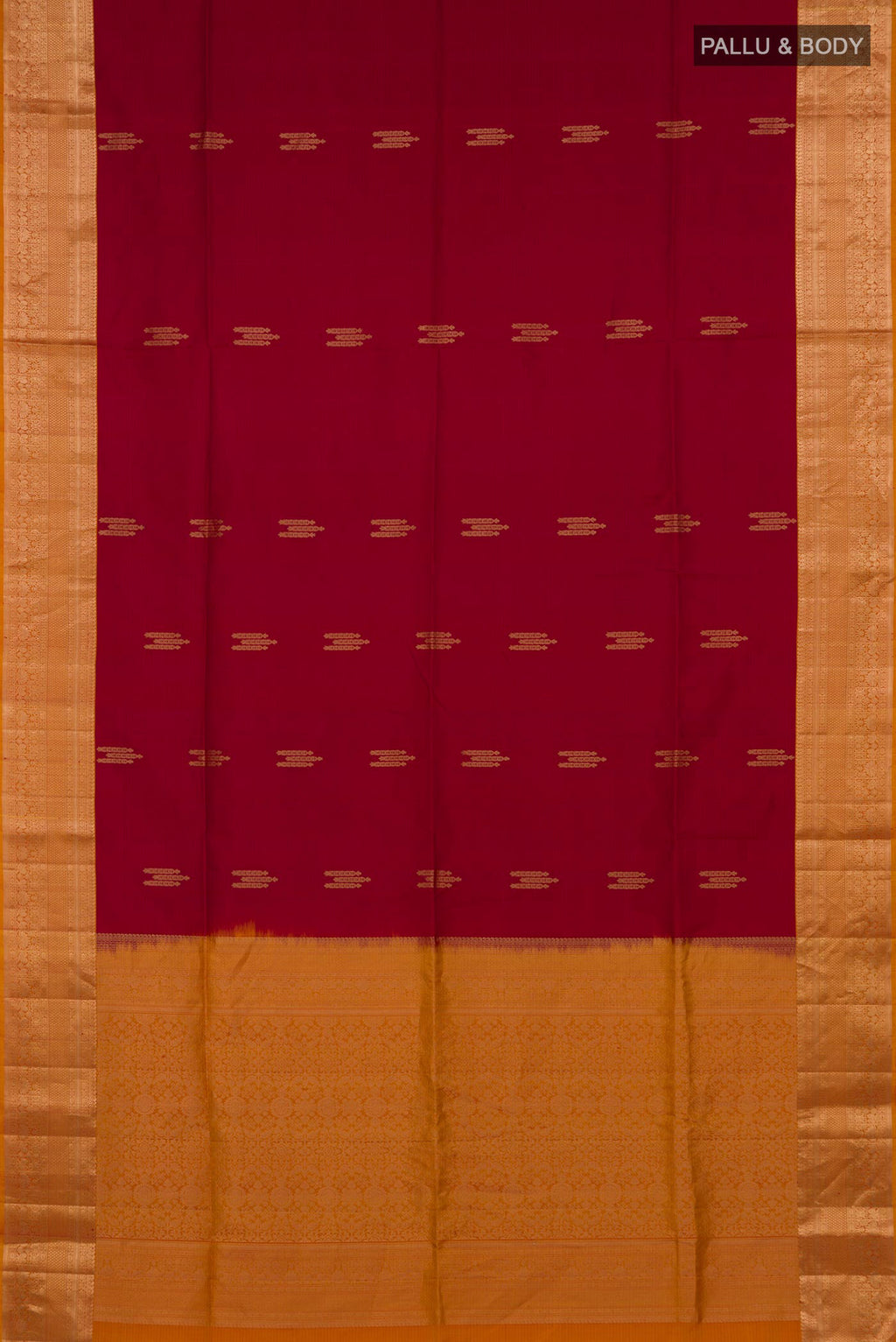 Flat view of Pure Silk Maroon Soft Saree with Zari Butta on the body and Zari Border. 