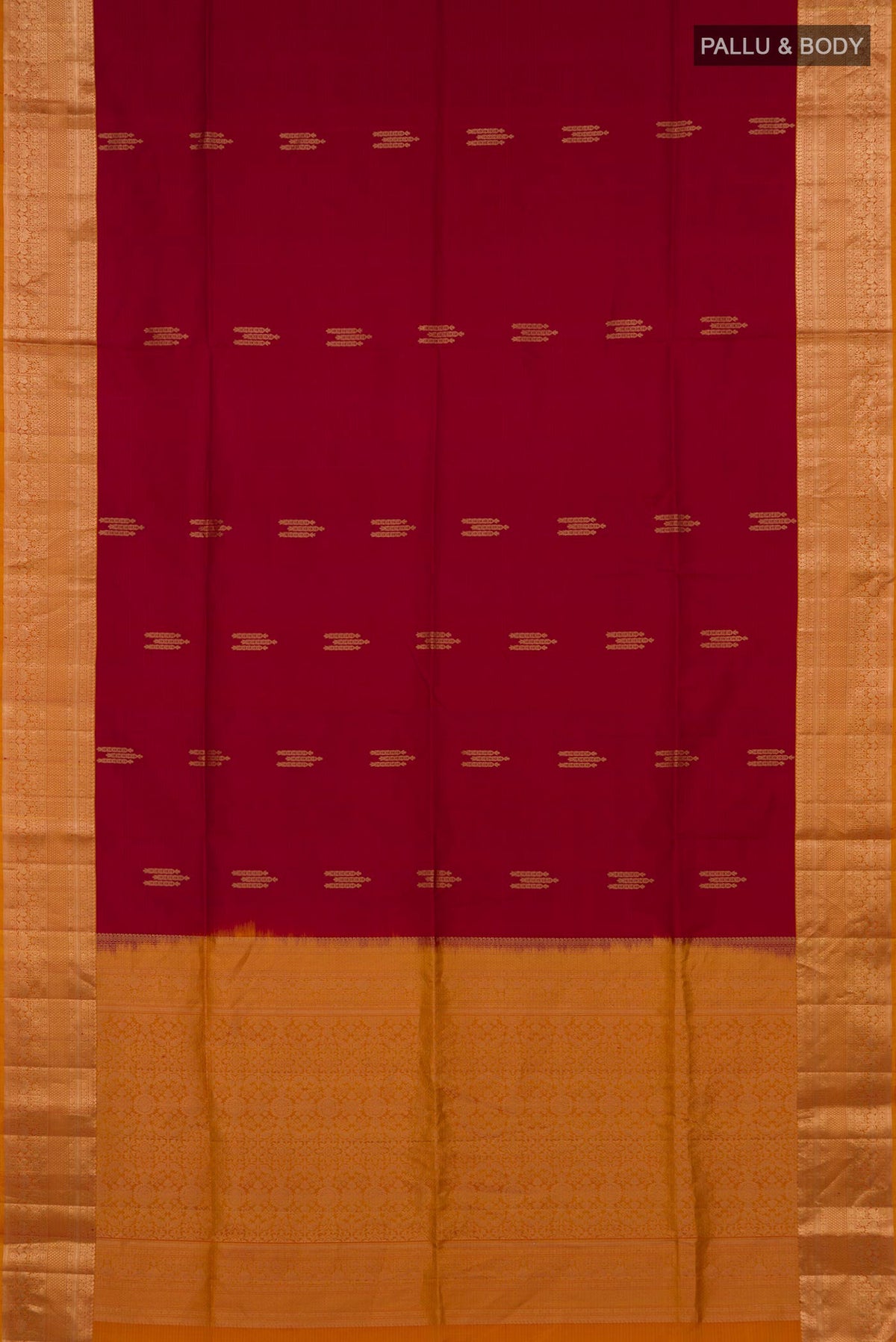 Flat view of Pure Silk Maroon Soft Saree with Zari Butta on the body and Zari Border. 