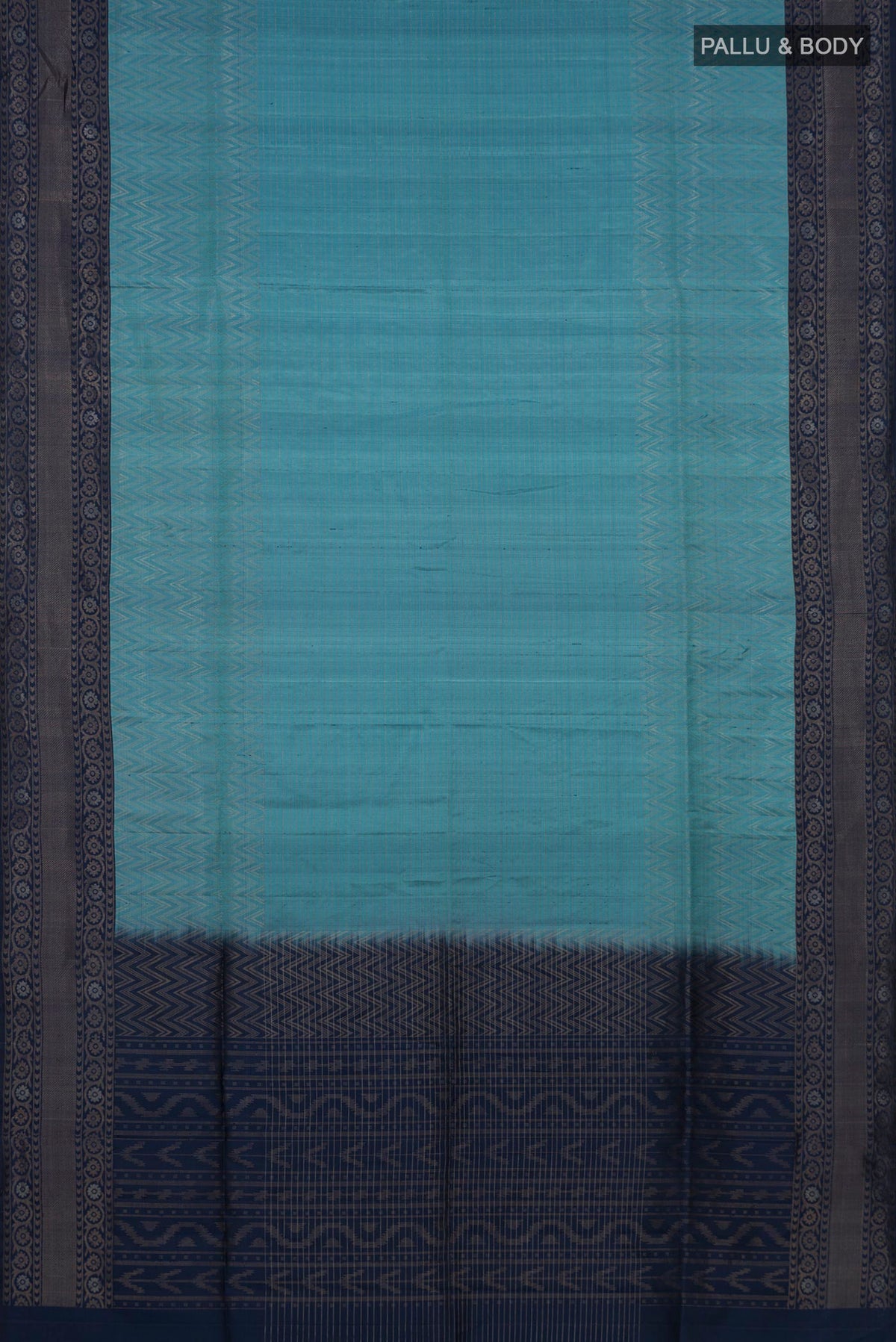 Flat view of Pure Silk Light Blue Soft Saree with Zari Brocade on the body and Fancy Border. 