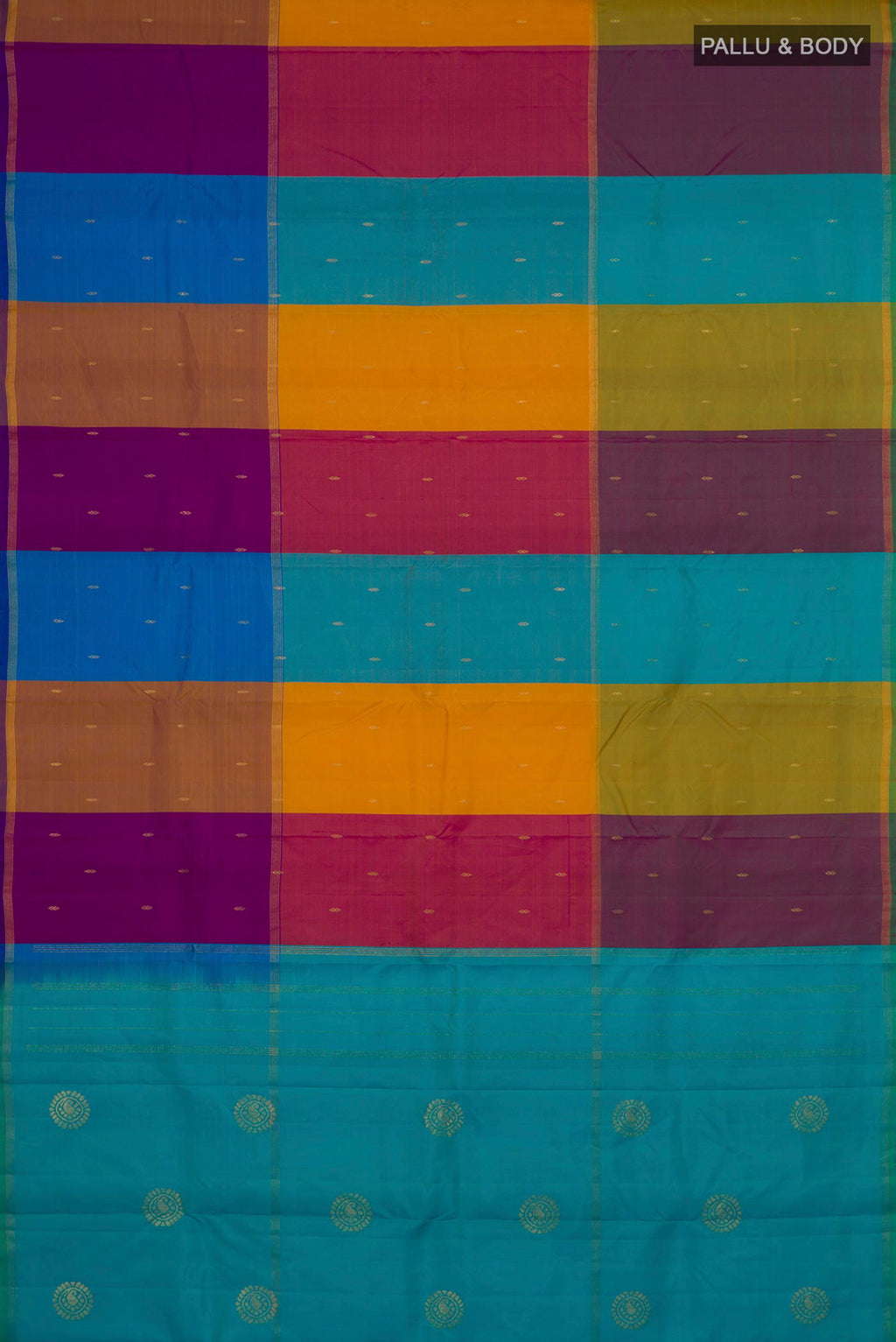 Flat view of Pure Silk Multi Color Kanchipuram Saree with Stripes on the body and Thin Zari Line. 