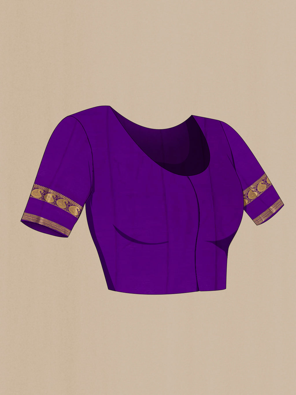 Close up image of the blouse of Red Mysore Crepe Saree with Plain Body and Zari Border. 