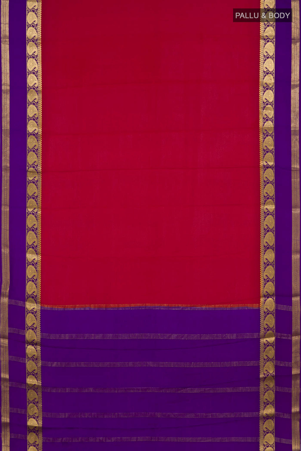 Flat view of Red Mysore Crepe Saree with Plain Body and Zari Border. 