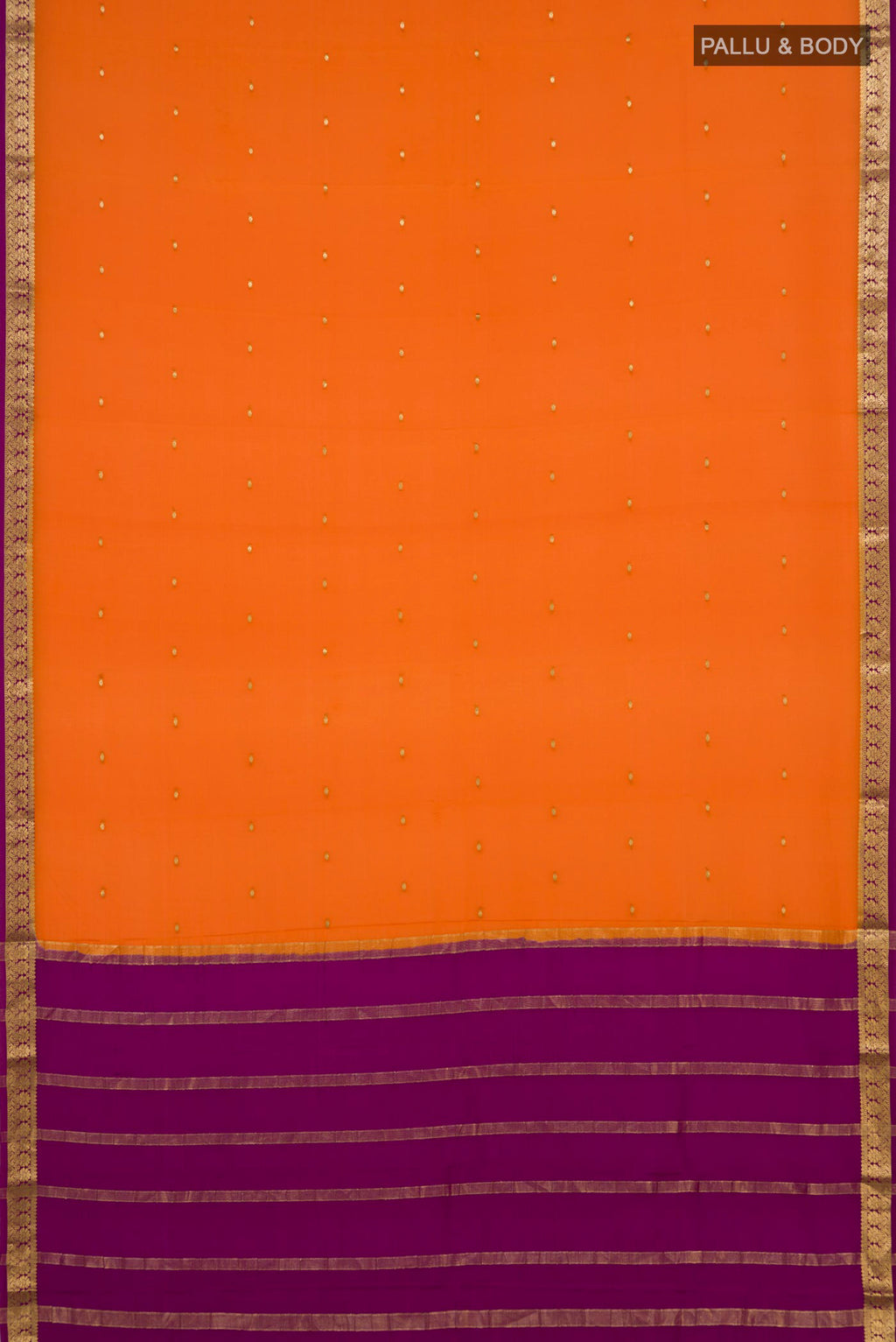 Flat view of Orange Mysore Crepe Saree with Zari Butta on the body and Zari Border. 