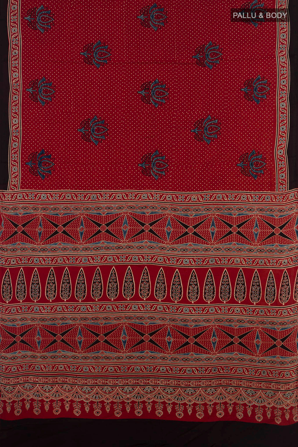 Flat view of Maroon Blended Satin Silk Saree with Ajrakh Print on the body and Without Border. 