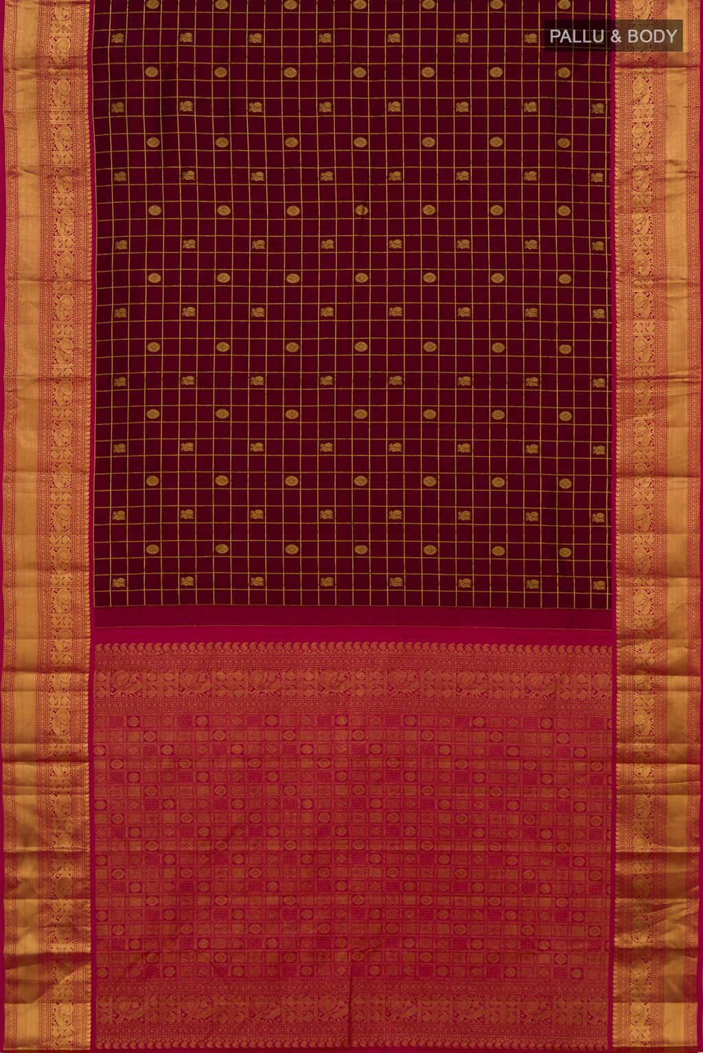 Flat view of Pure Silk Maroon Kanchipuram Saree with Checked design on the body and Zari Border. 