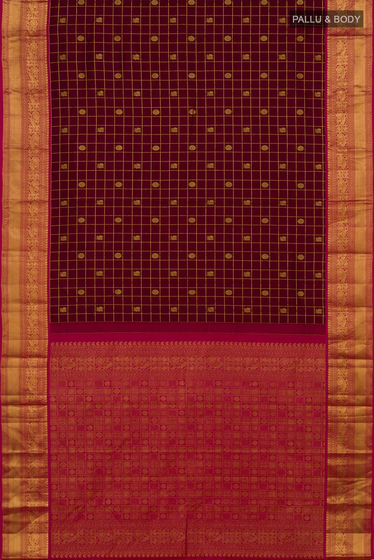Flat view of Pure Silk Maroon Kanchipuram Saree with Checked design on the body and Zari Border. 