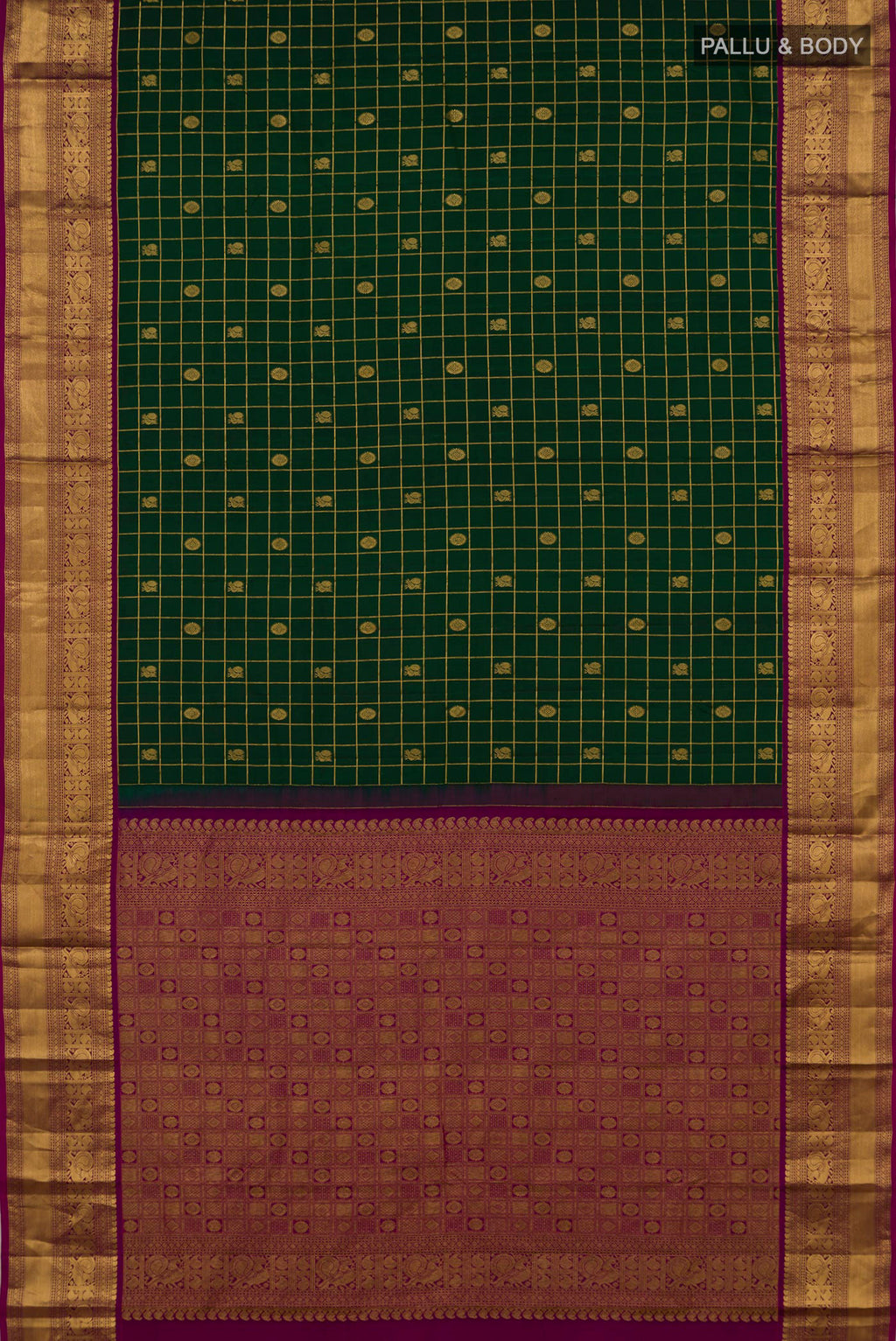 Flat view of Pure Silk Bottle Green Kanchipuram Saree with Checked design on the body and Zari Border. 