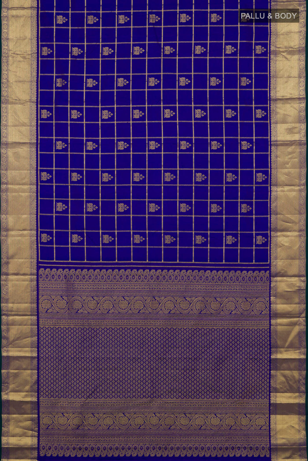 Flat view of Pure Silk Royal Blue Kanchipuram Saree with Checked design on the body and Zari Border. 