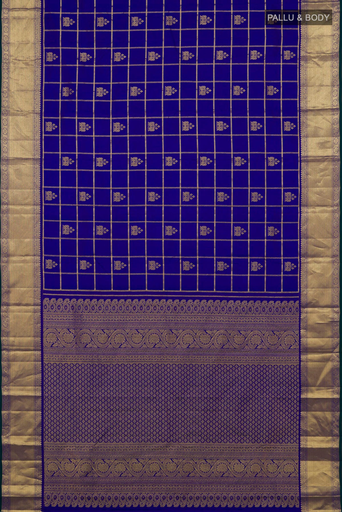 Flat view of Pure Silk Royal Blue Kanchipuram Saree with Checked design on the body and Zari Border. 