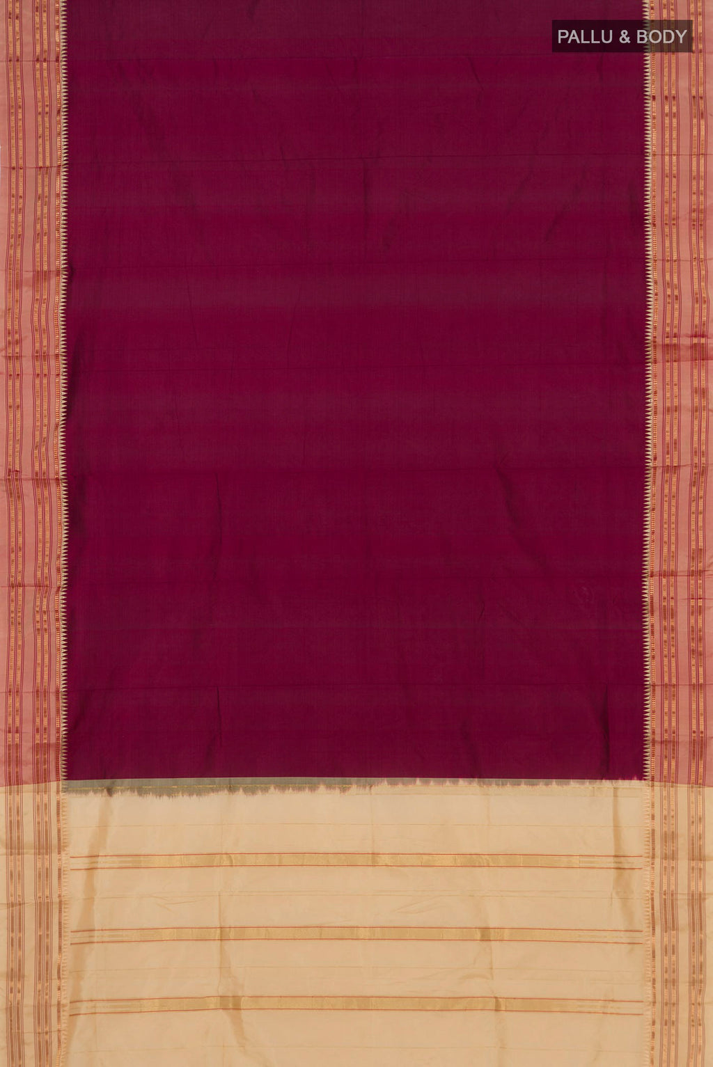 Flat view of Pure Silk Maroon Narayanpet Saree with Plain Body and Zari Border. 