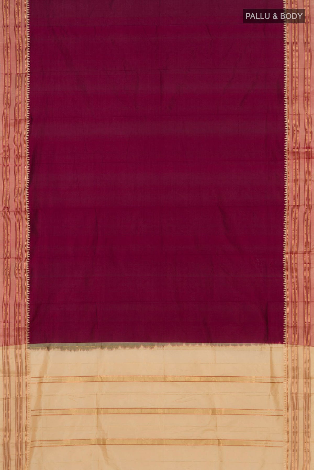 Flat view of Pure Silk Maroon Narayanpet Saree with Plain Body and Zari Border. 
