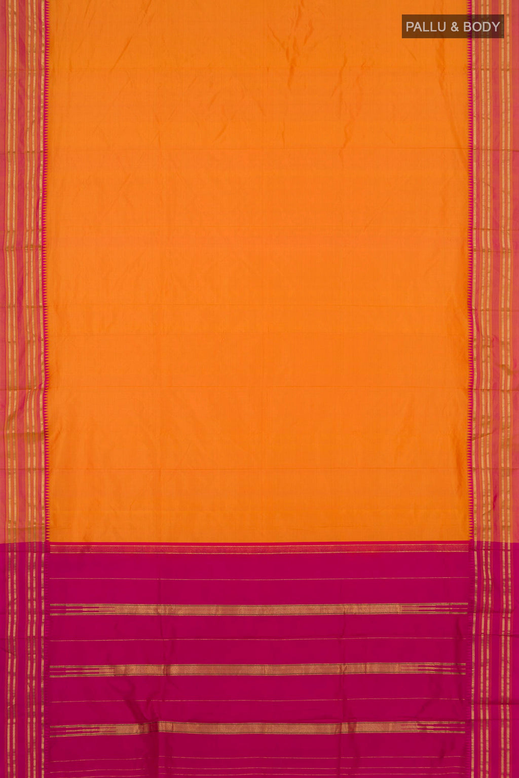 Flat view of Pure Silk Orange Narayanpet Saree with Plain Body and Zari Border. 