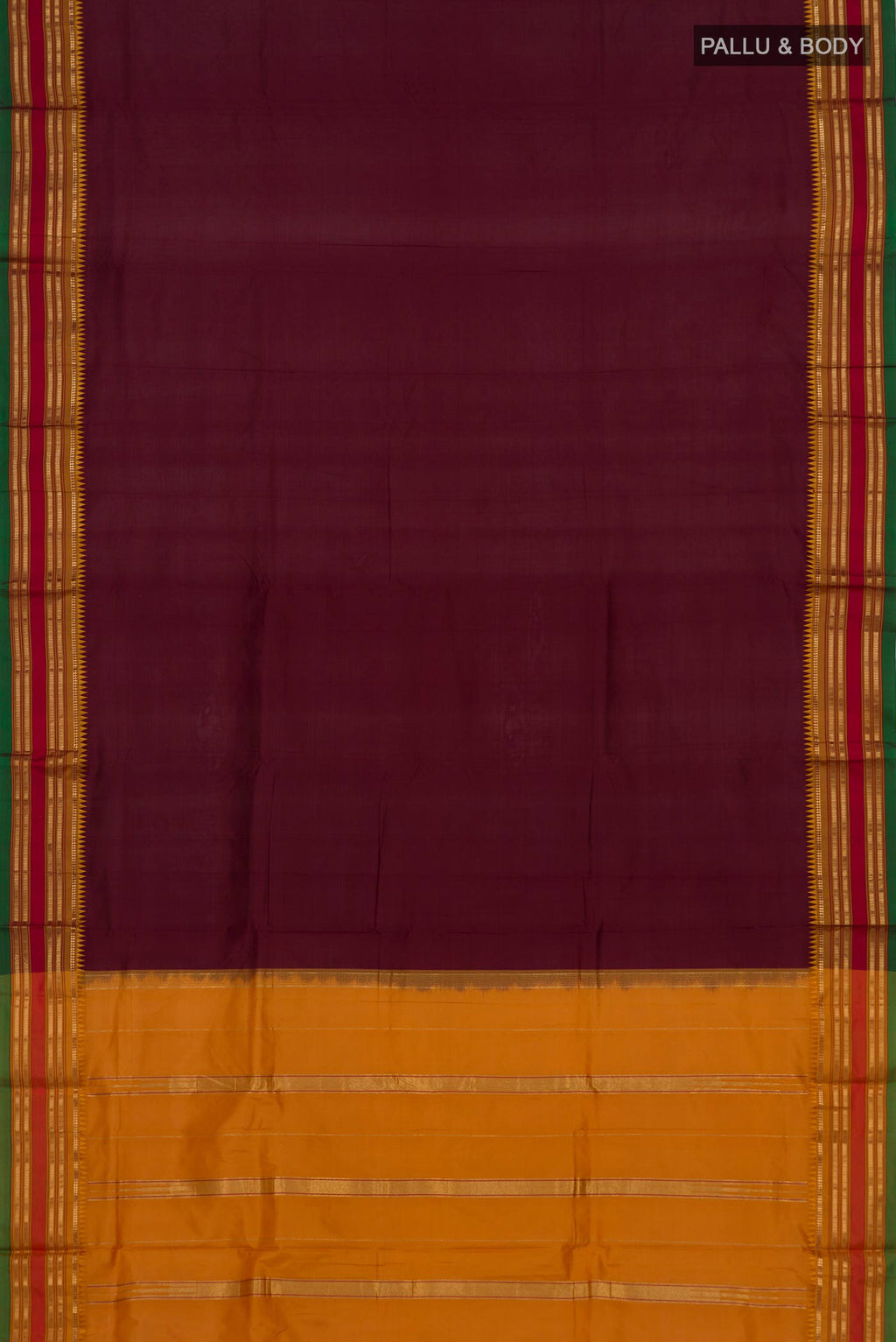 Flat view of Pure Silk Maroon Narayanpet Saree with Plain Body and Zari Border. 