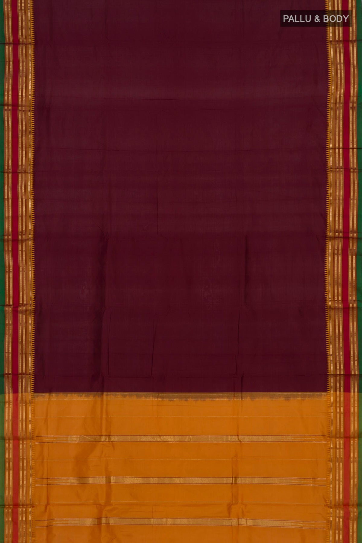 Flat view of Pure Silk Maroon Narayanpet Saree with Plain Body and Zari Border. 