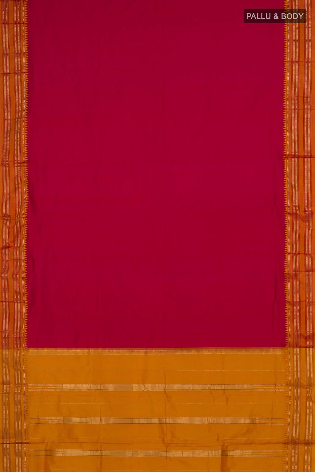 Flat view of Pure Silk Red Narayanpet Saree with Plain Body and Zari Border. 