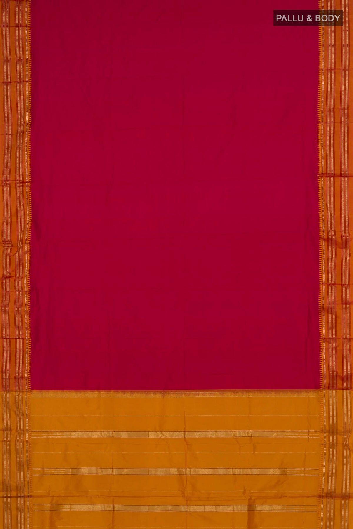Flat view of Pure Silk Red Narayanpet Saree with Plain Body and Zari Border. 