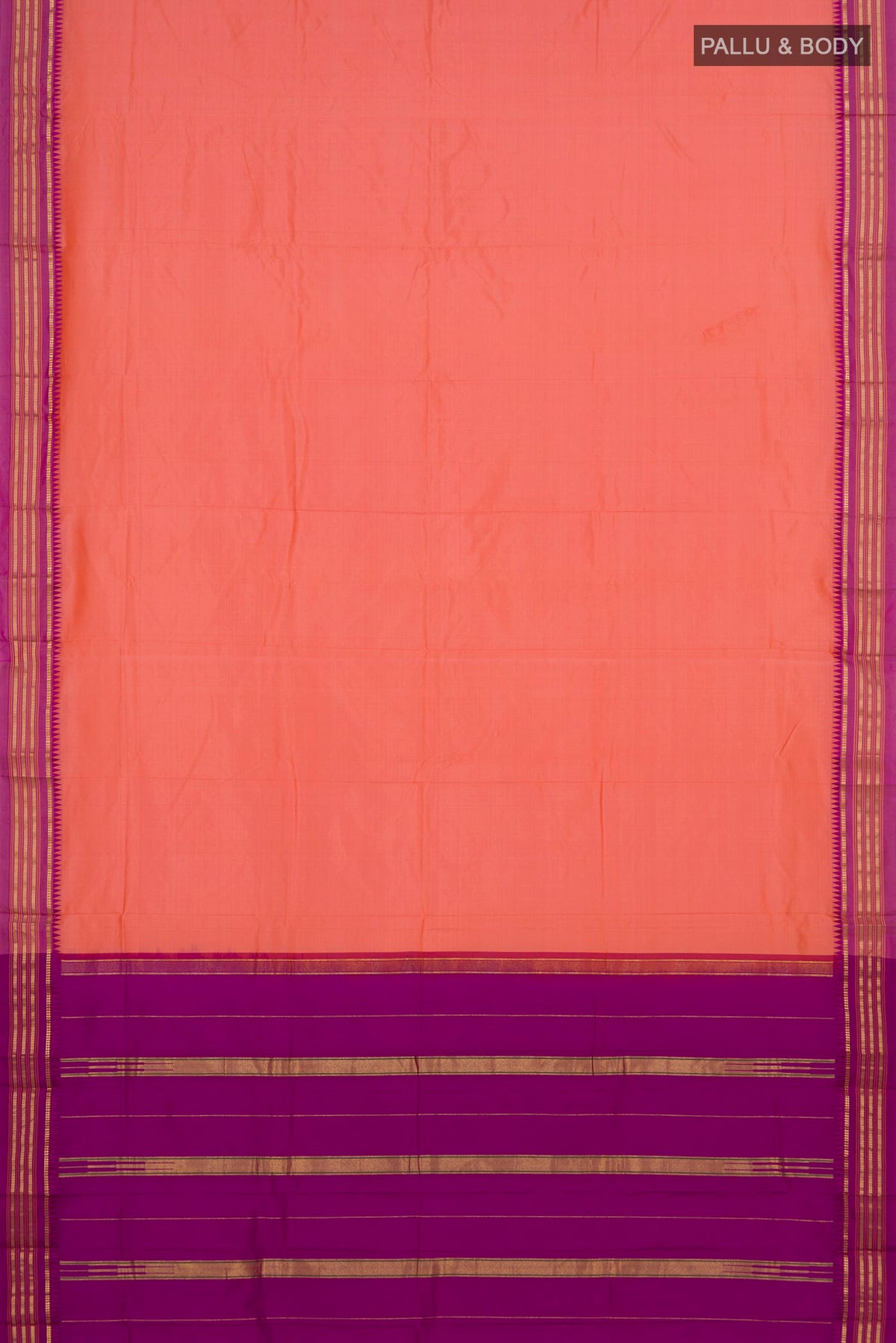 Flat view of Pure Silk Peach Narayanpet Saree with Plain Body and Zari Border. 