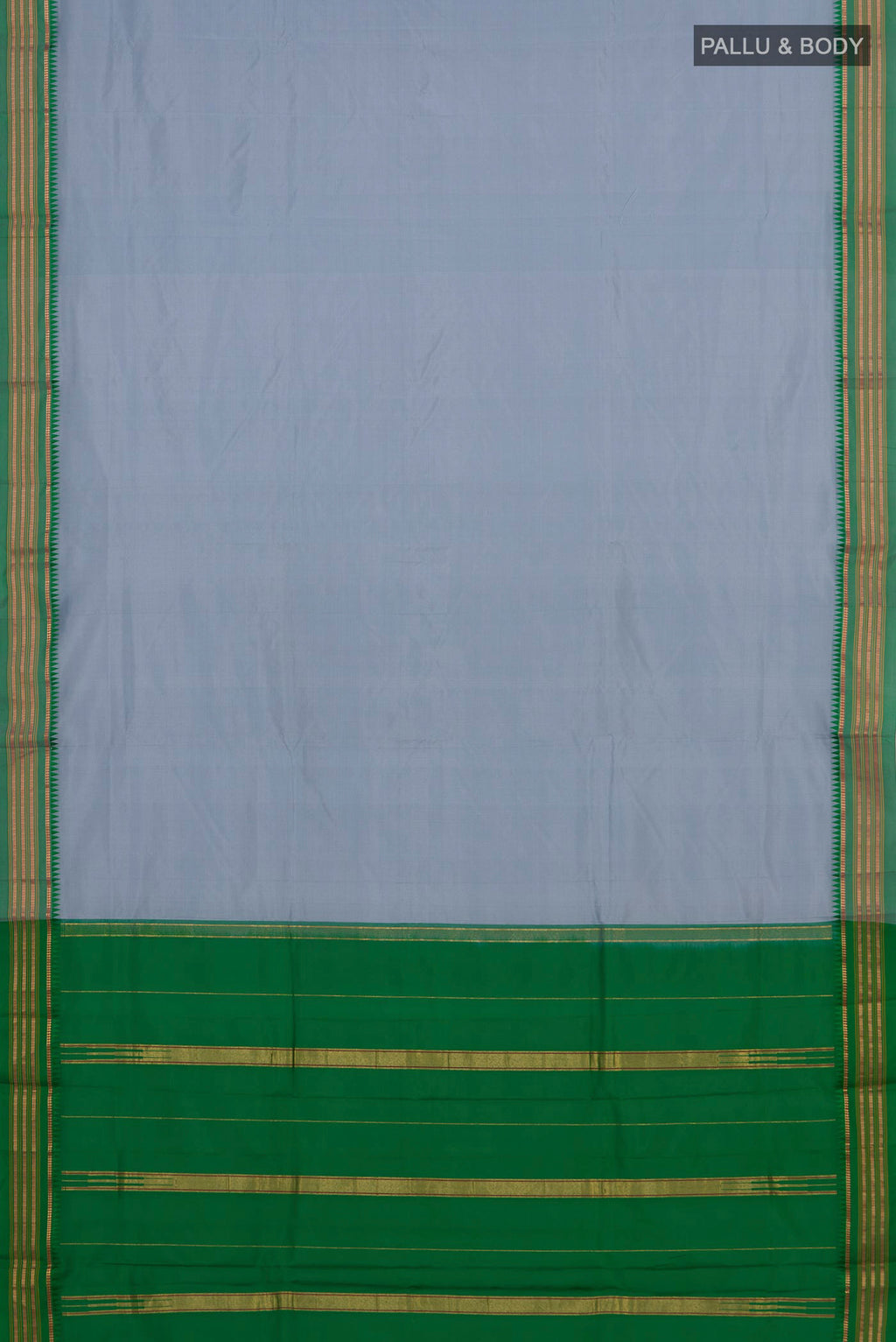 Flat view of Pure Silk Grey Narayanpet Saree with Plain Body and Zari Border. 