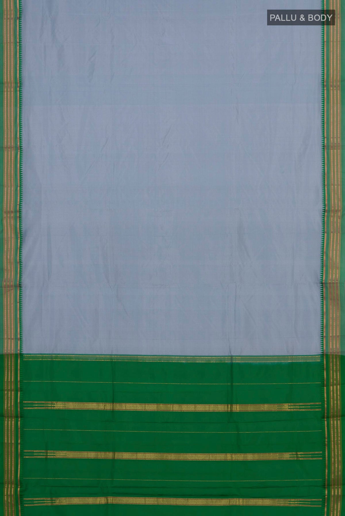 Flat view of Pure Silk Grey Narayanpet Saree with Plain Body and Zari Border. 