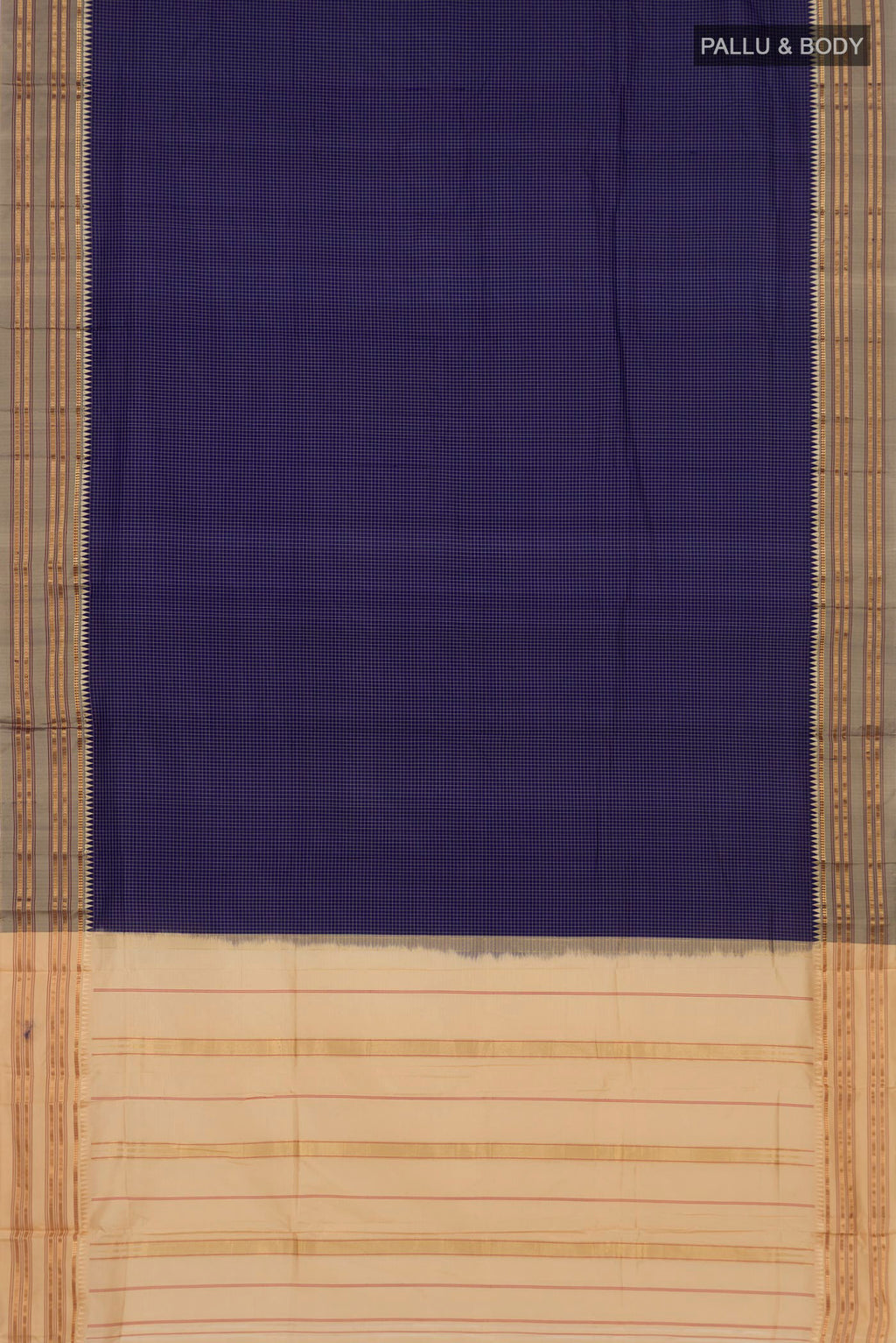 Flat view of Pure Silk Navy Blue Narayanpet Saree with Checked design on the body and Thin Zari Line. 