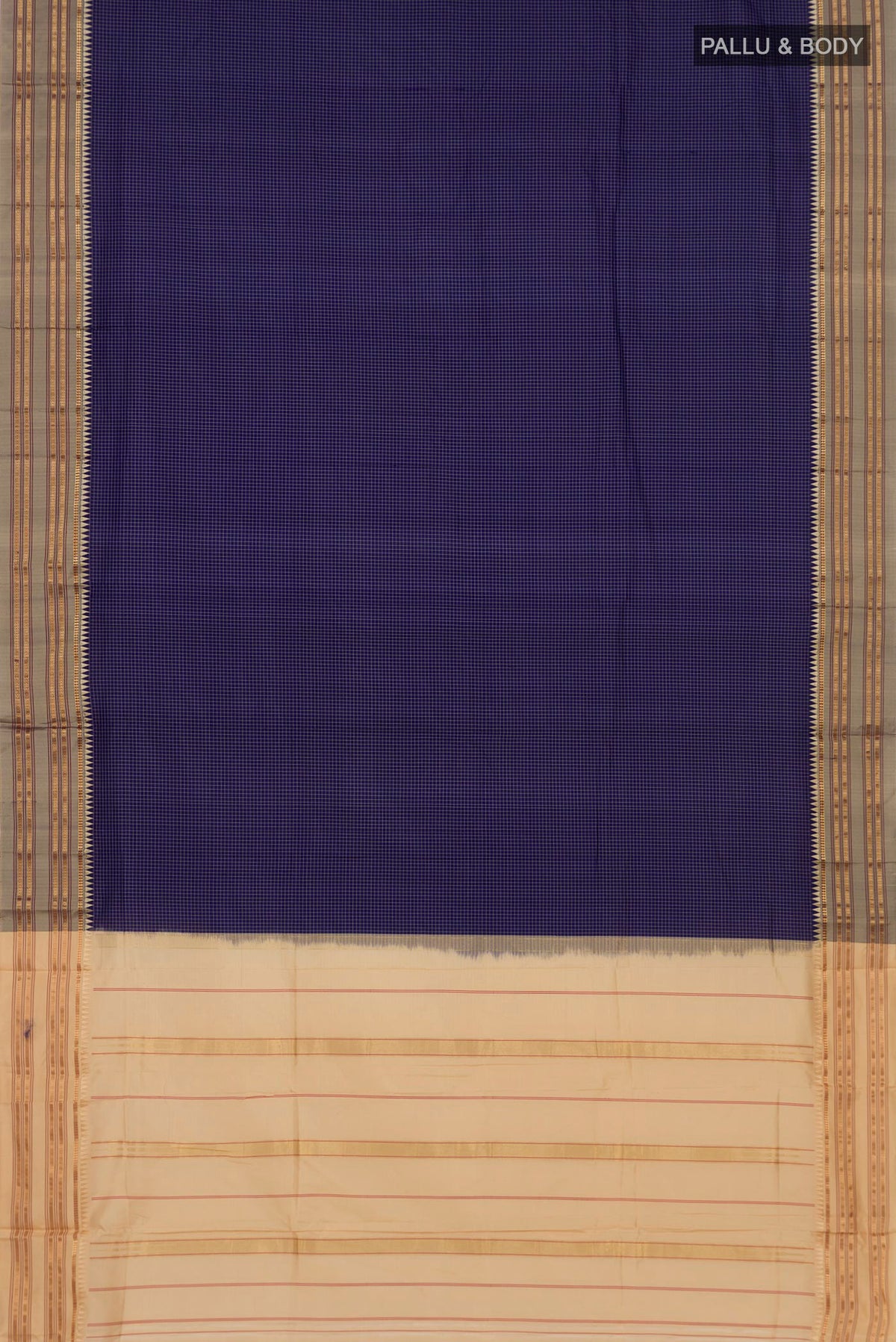 Flat view of Pure Silk Navy Blue Narayanpet Saree with Checked design on the body and Thin Zari Line. 