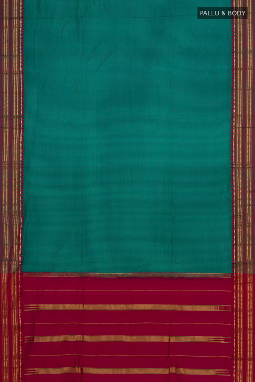 Flat view of Pure Silk Green Narayanpet Saree with Checked design on the body and Zari Border. 