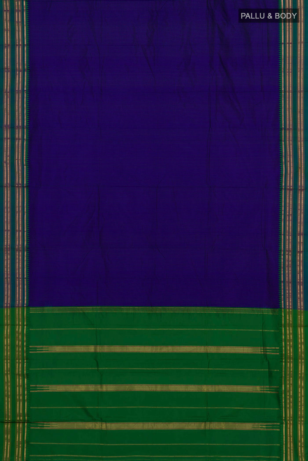 Flat view of Pure Silk Dark Blue Narayanpet Saree with Checked design on the body and Zari Border. 