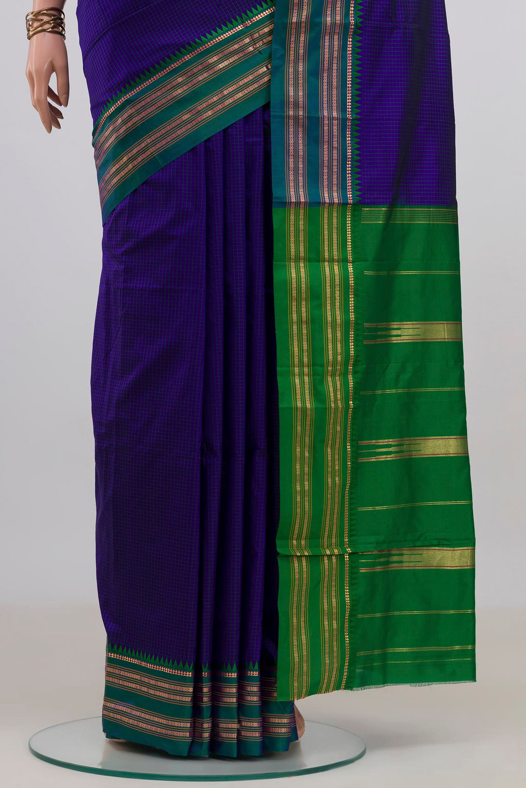 Pleats and pallu of Pure Silk Dark Blue Narayanpet Saree with Checked design on the body and Zari Border. 