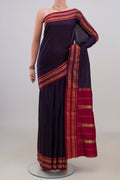 Pure Silk Navy Blue Narayanpet Saree with Checked design on the body and Zari Border.  displayed on a mannequin