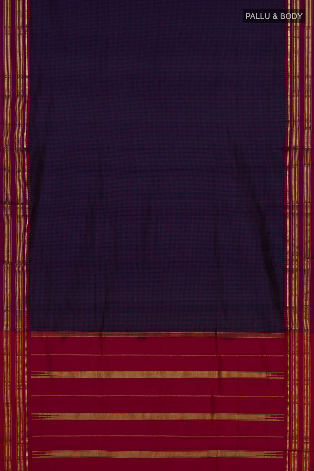 Flat view of Pure Silk Navy Blue Narayanpet Saree with Checked design on the body and Zari Border. 