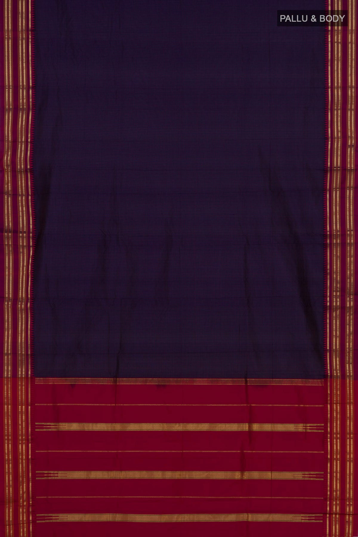 Flat view of Pure Silk Navy Blue Narayanpet Saree with Checked design on the body and Zari Border. 
