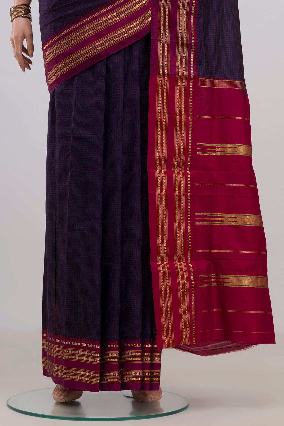 Pleats and pallu of Pure Silk Navy Blue Narayanpet Saree with Checked design on the body and Zari Border. 