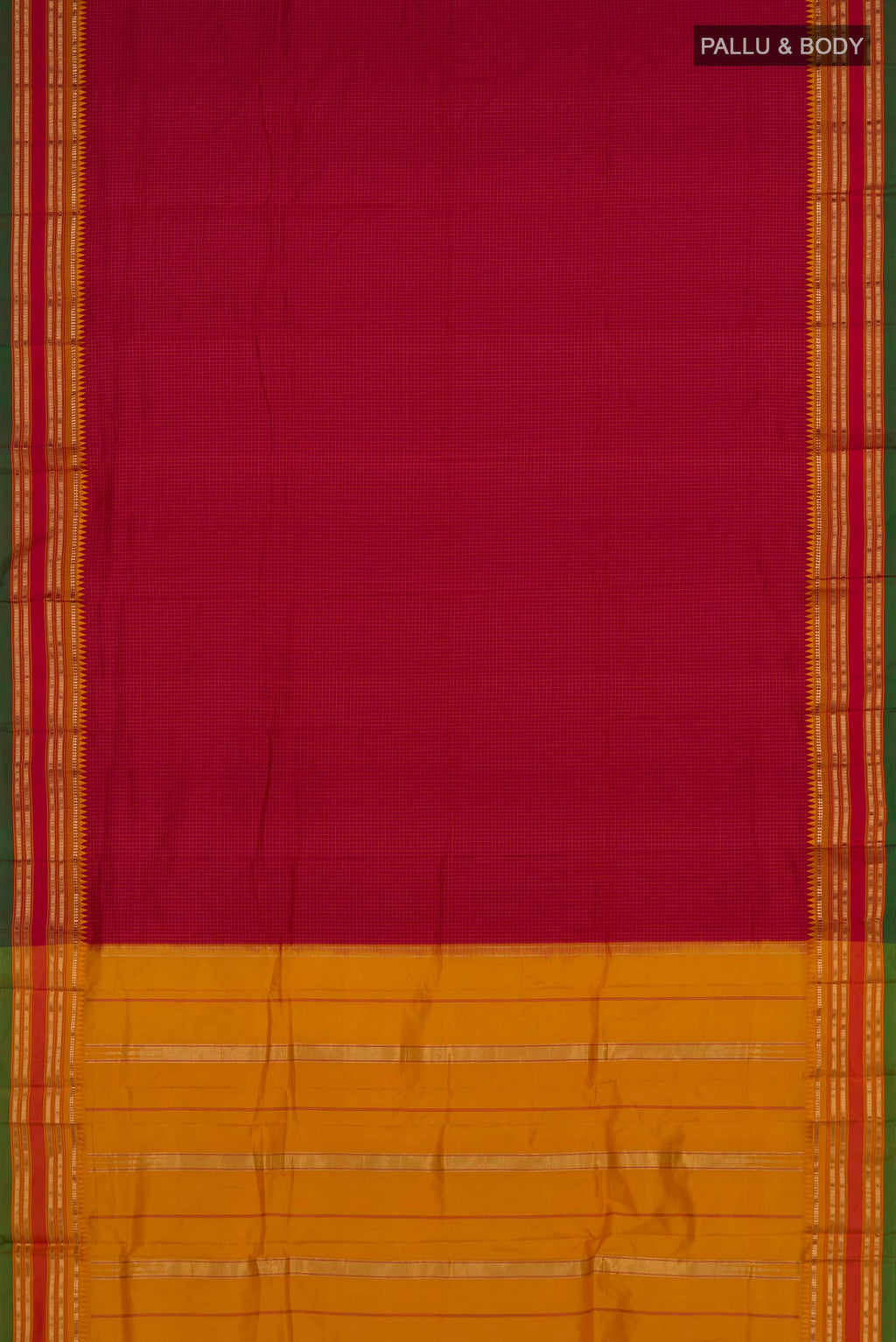 Flat view of Pure Silk Red Narayanpet Saree with Checked design on the body and Zari Border. 