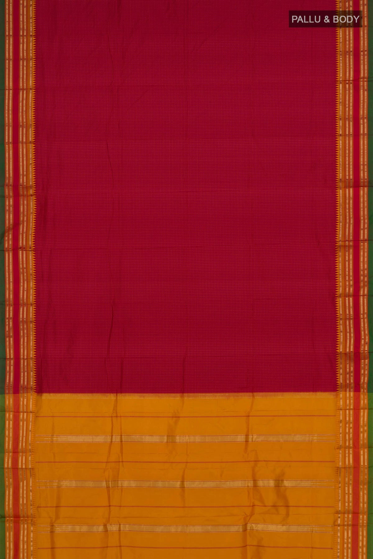 Flat view of Pure Silk Red Narayanpet Saree with Checked design on the body and Zari Border. 