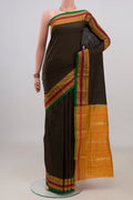 Pure Silk Black Narayanpet Saree with Checked design on the body and Zari Border.  displayed on a mannequin