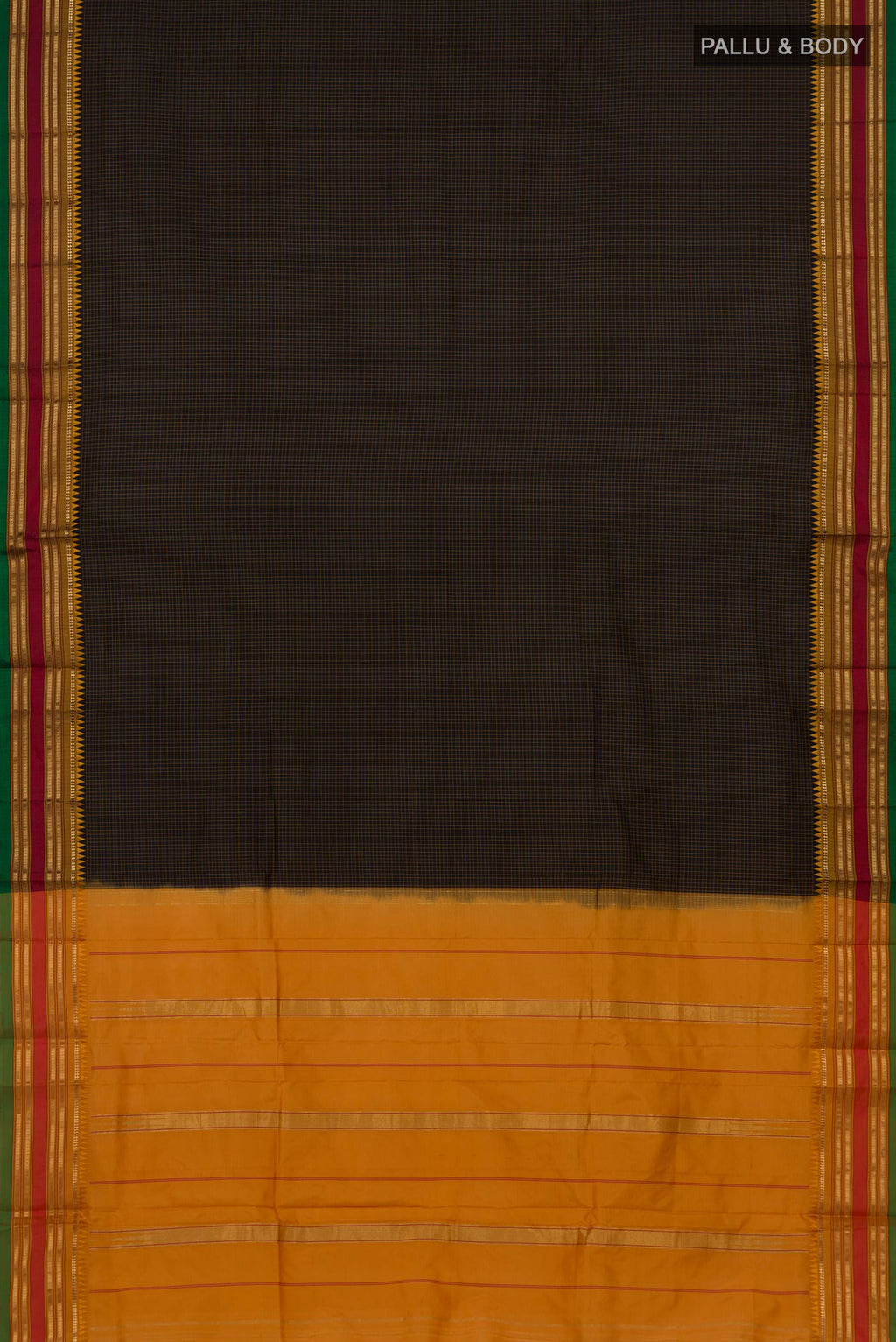 Flat view of Pure Silk Black Narayanpet Saree with Checked design on the body and Zari Border. 