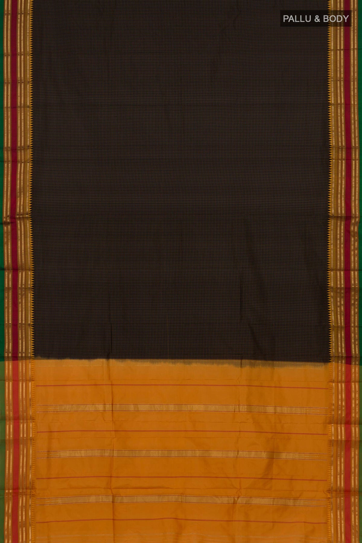Flat view of Pure Silk Black Narayanpet Saree with Checked design on the body and Zari Border. 