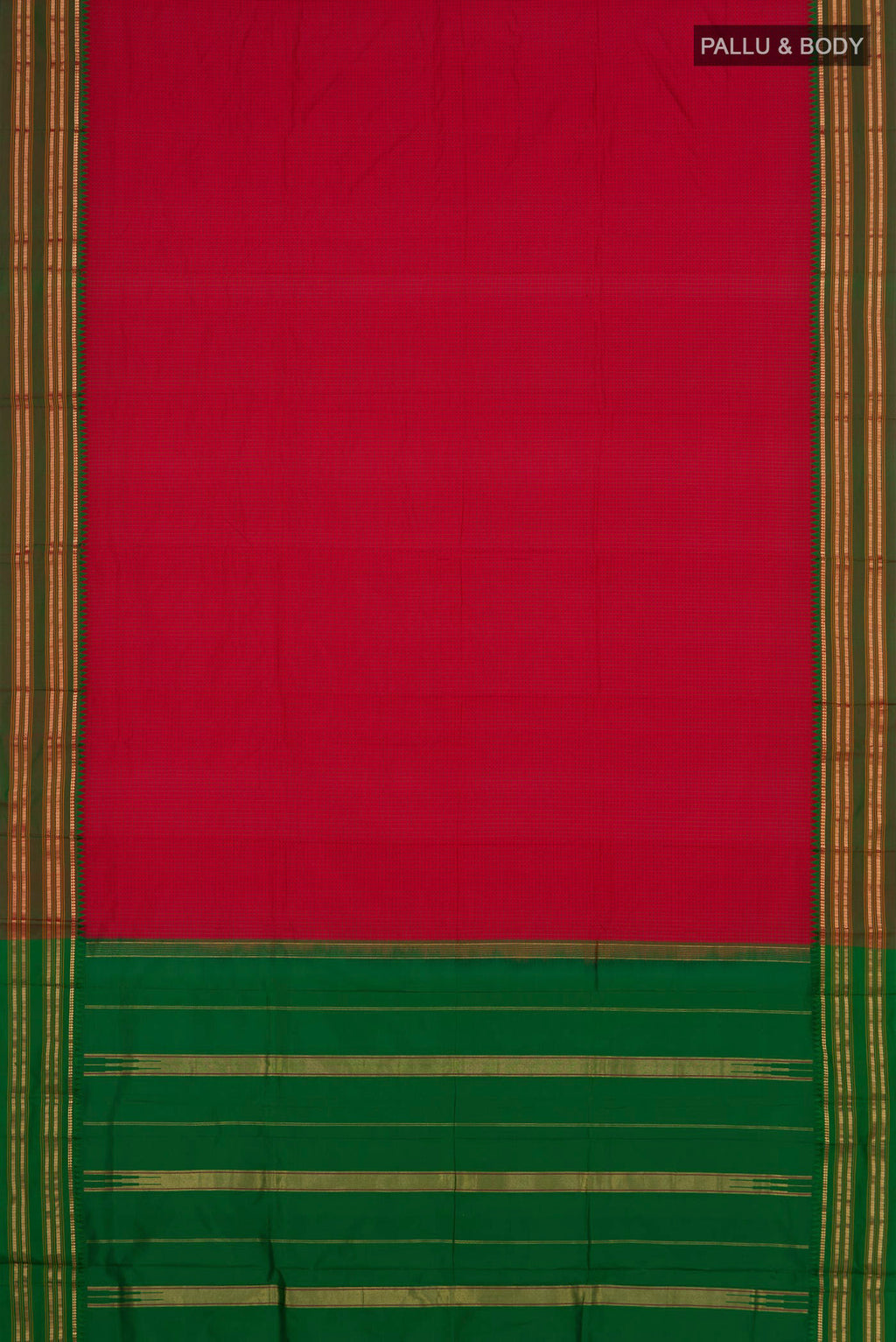 Flat view of Pure Silk Red Narayanpet Saree with Checked design on the body and Zari Border. 