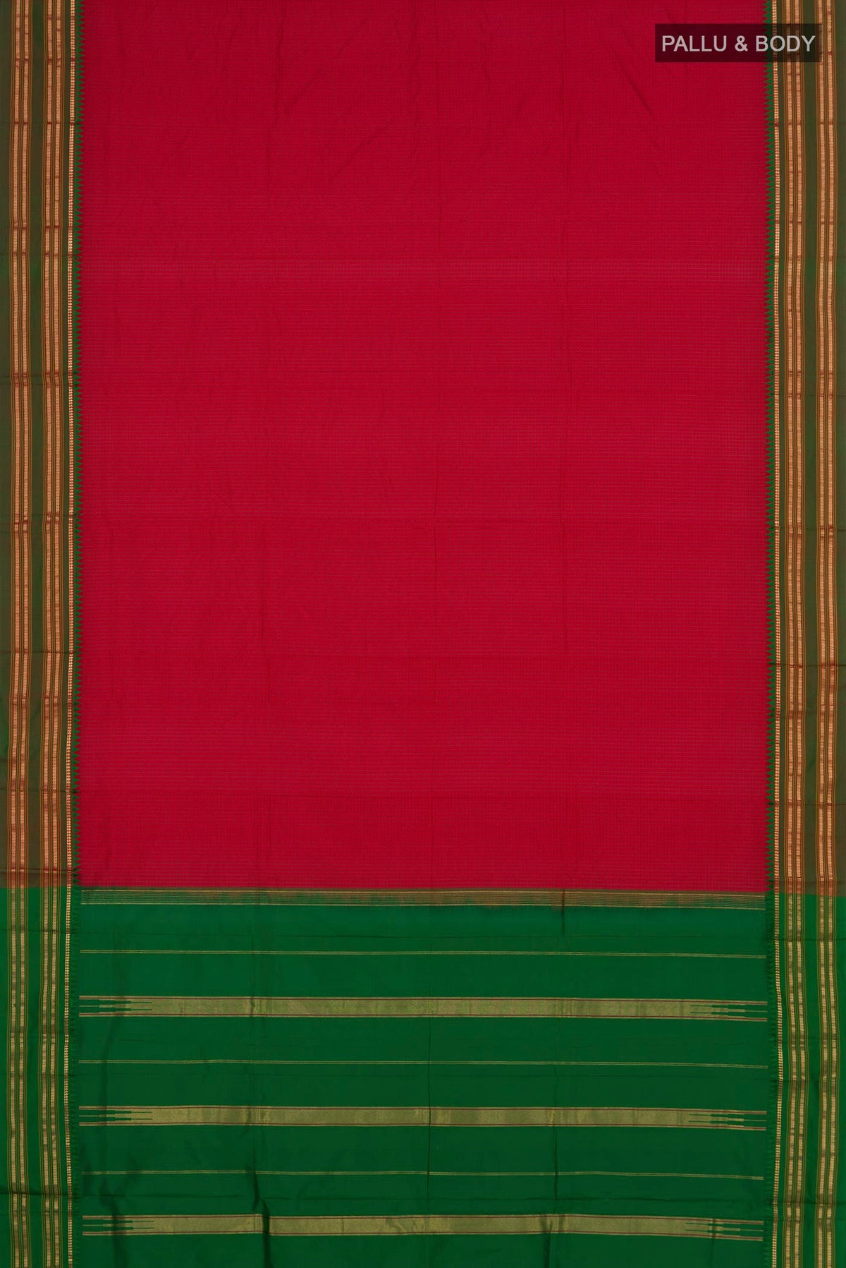 Flat view of Pure Silk Red Narayanpet Saree with Checked design on the body and Zari Border. 