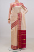 Pure Silk Cream Narayanpet Saree with Checked design on the body and Zari Border.  displayed on a mannequin