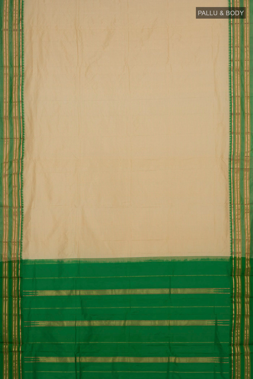 Flat view of Pure Silk Cream Narayanpet Saree with Checked design on the body and Zari Border. 