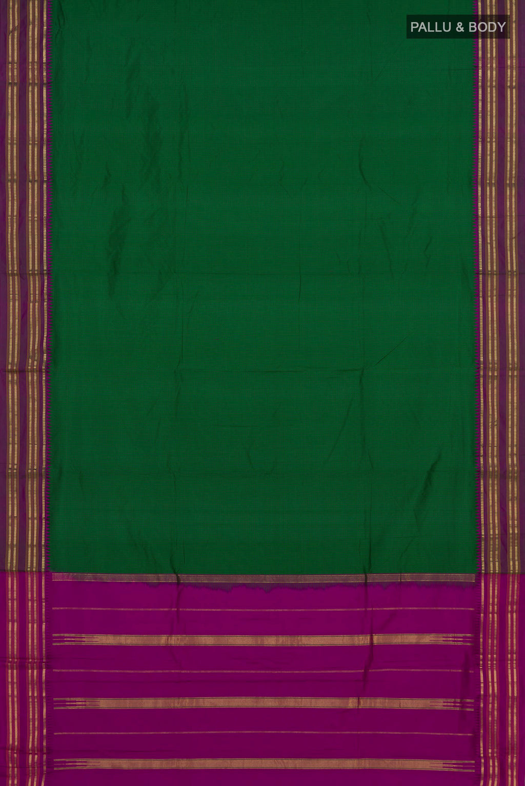 Flat view of Pure Silk Green Narayanpet Saree with Checked design on the body and Zari Border. 