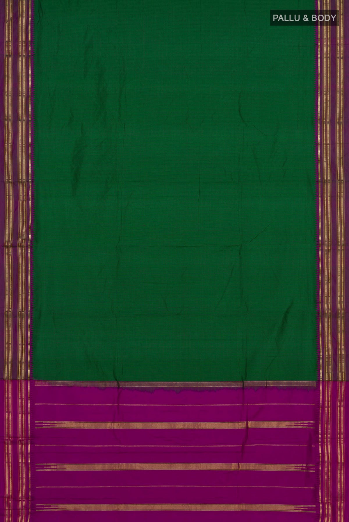 Flat view of Pure Silk Green Narayanpet Saree with Checked design on the body and Zari Border. 