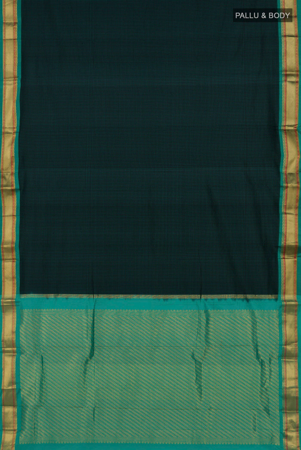 Flat view of Pure Silk Black Narayanpet Saree with Checked design on the body and Zari Border. 