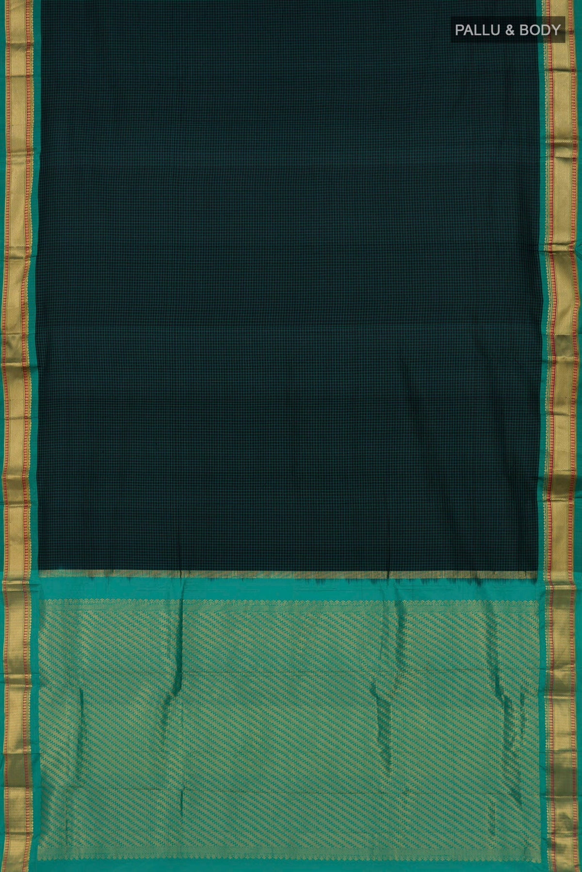 Flat view of Pure Silk Black Narayanpet Saree with Checked design on the body and Zari Border. 