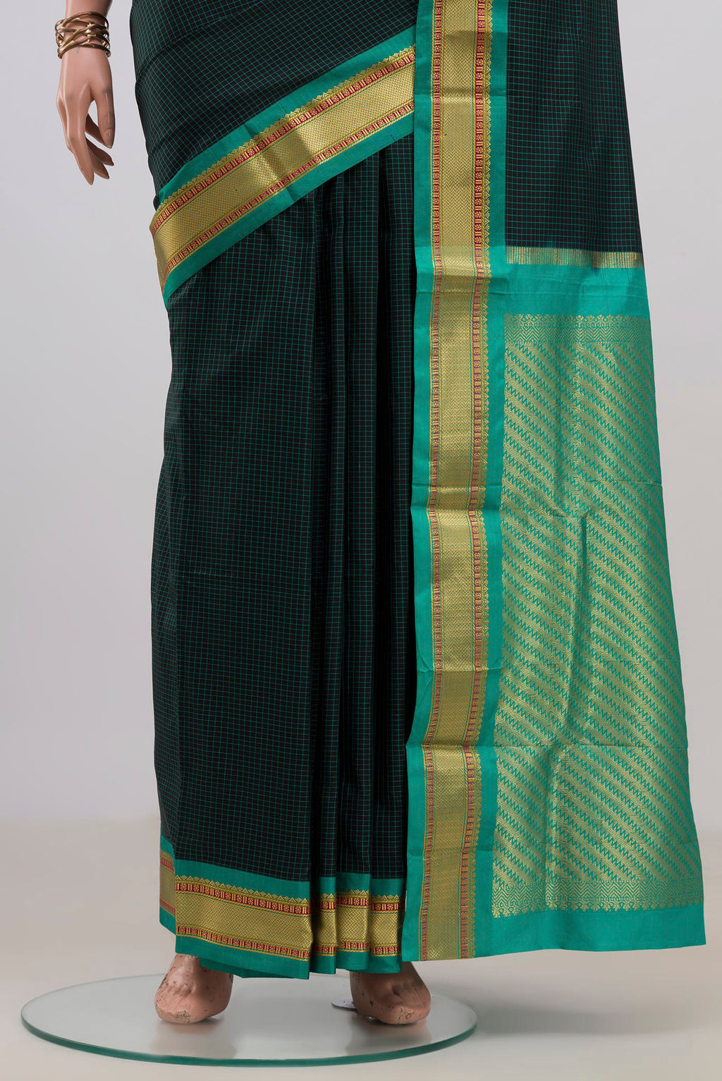 Pleats and pallu of Pure Silk Black Narayanpet Saree with Checked design on the body and Zari Border. 
