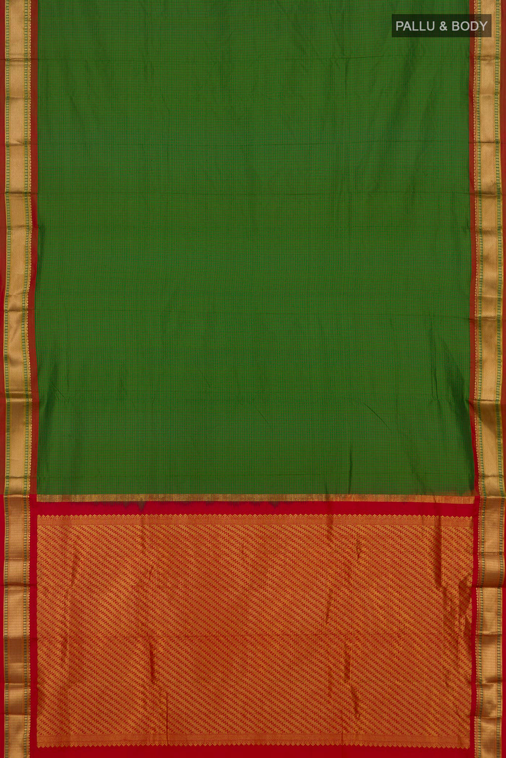 Flat view of Pure Silk Green Narayanpet Saree with Checked design on the body and Zari Border. 